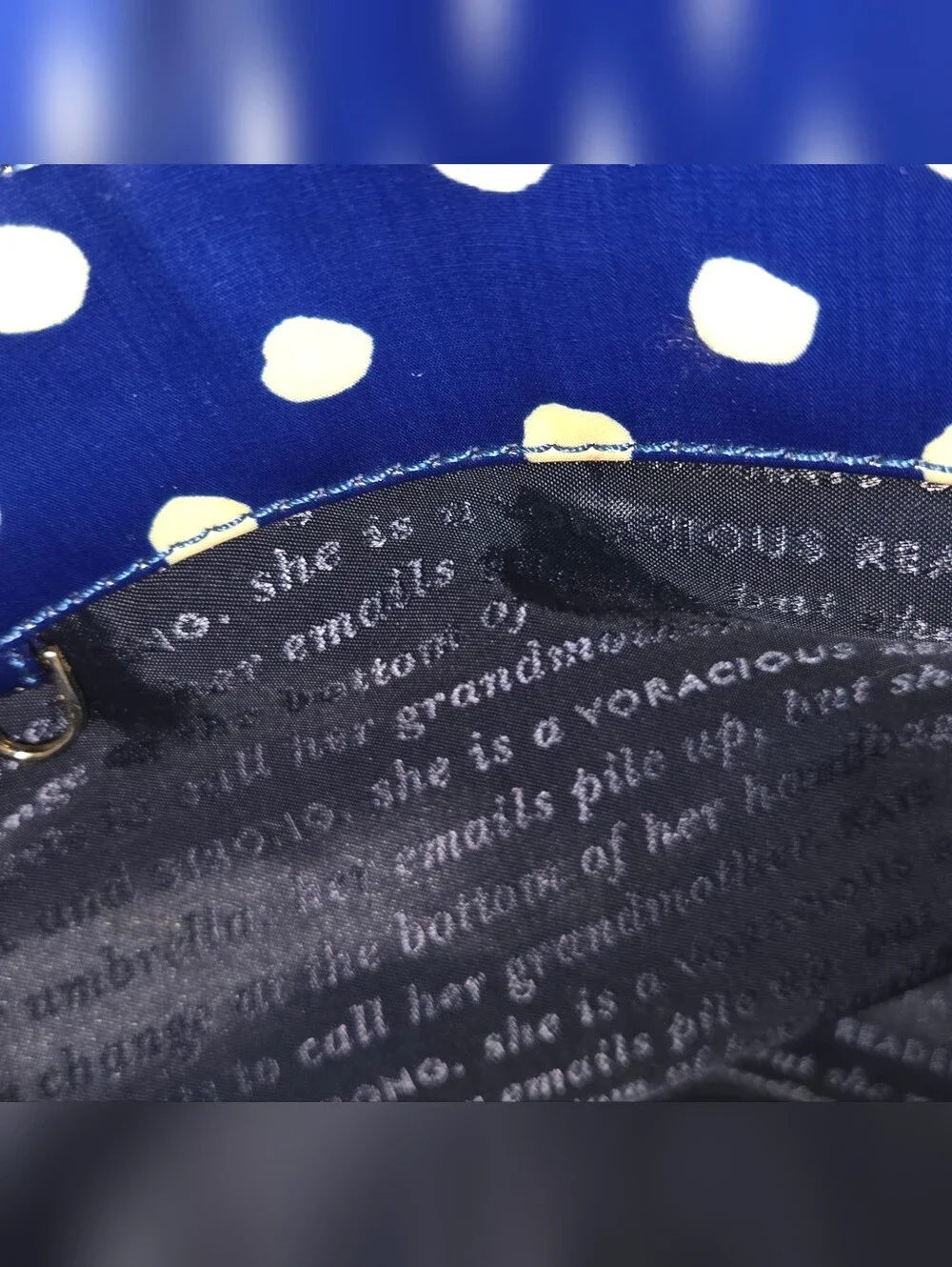 Kate Spade Story Book Lining Blue/White Polka Dot Tote Bag, EUC